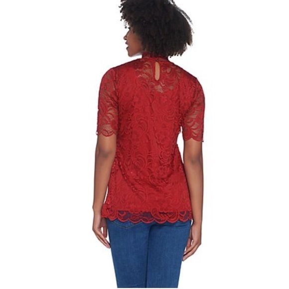 Isaac Mizrahi Live Red Mock Neck Lace Top Small - Picture 2 of 9